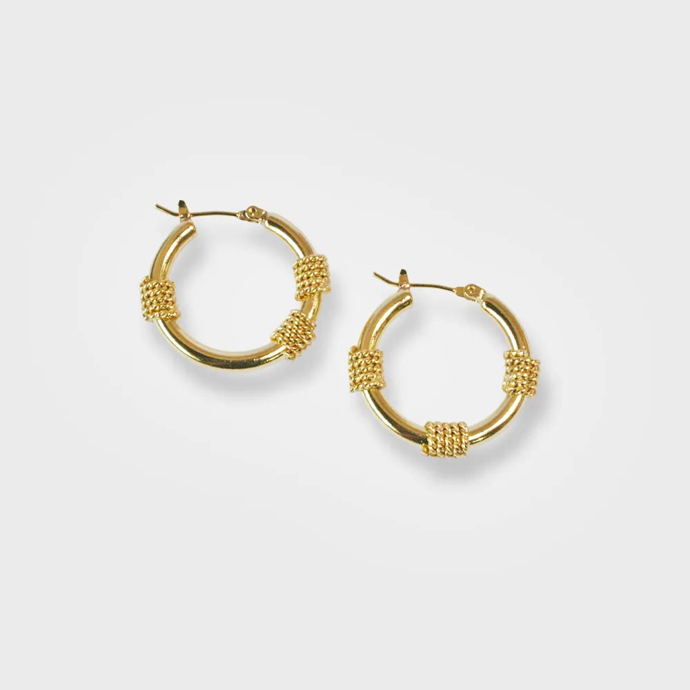 Textured 18K Gold Plated Hoop Earrings - Braided Accent Detailing - Available at Julie Saldivia Jewelry